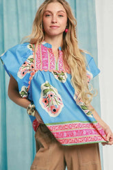 Umgee Floral Notched Puff Sleeve Blouse OutfitFlow